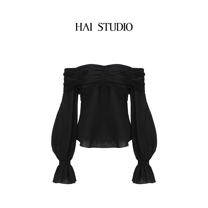 春夏黑色一字肩上衣小众设计