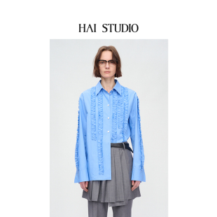 饰花边长袖 HAI 饰衬衫 女士抽褶蕾丝装 上衣 STUDIO2025秋冬新品