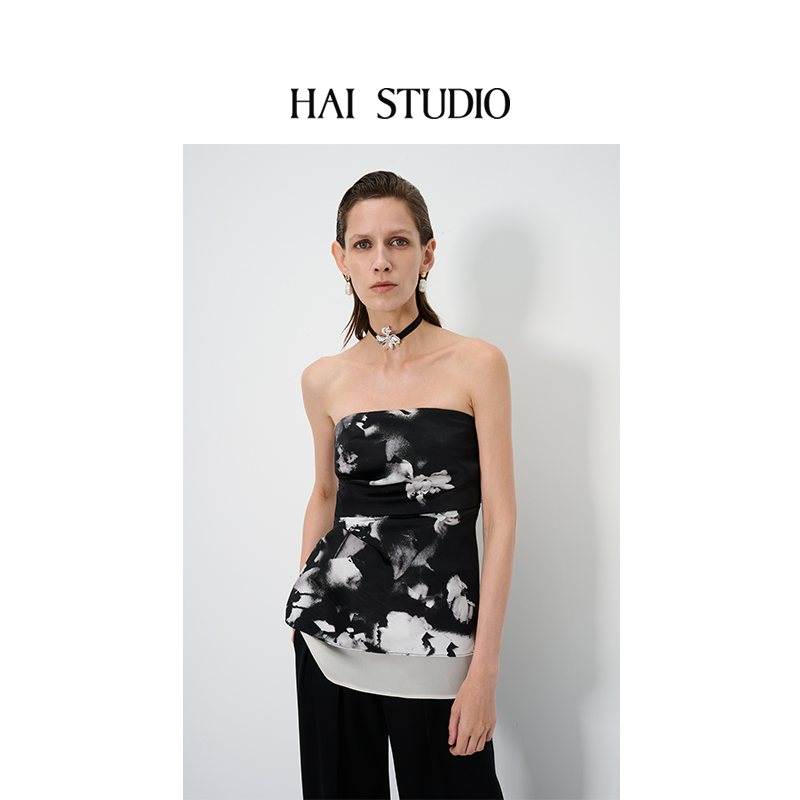 HAI STUDIO 春夏女士拼纱立裁抹胸外穿 黑白印花拼接小众短上衣