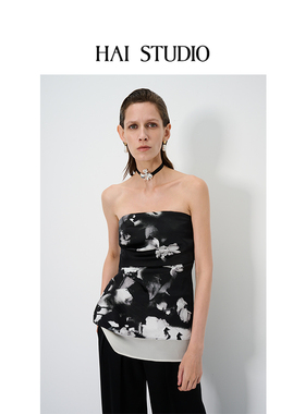 HAI STUDIO 春夏女士拼纱立裁抹胸外穿 黑白印花拼接小众短上衣