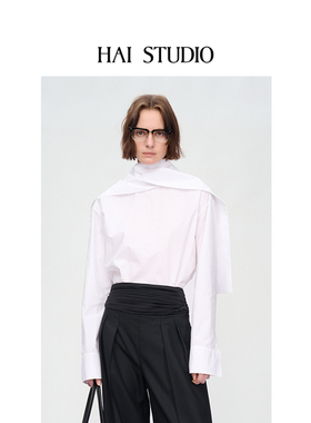 HAI STUDIO2025秋冬新品 女士白色围巾领衬衫 棉府绸领巾长袖上衣