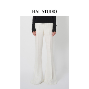 显瘦通勤气质休闲宽松直筒长裤 HAI STUDIO春夏白色粗花呢喇叭裤