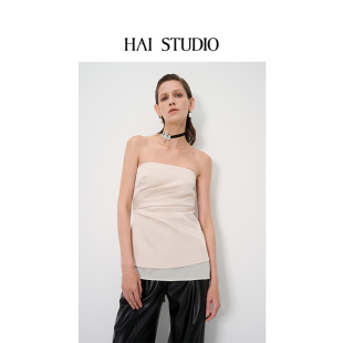 HAI 气质优雅拼接短上衣 STUDIO春夏女香槟色拼纱立裁抹胸外穿