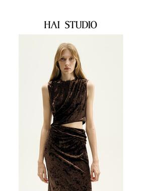 HAI STUDIO春夏新品女士丝绒无袖上衣优雅圆领露腰背心小众设计师