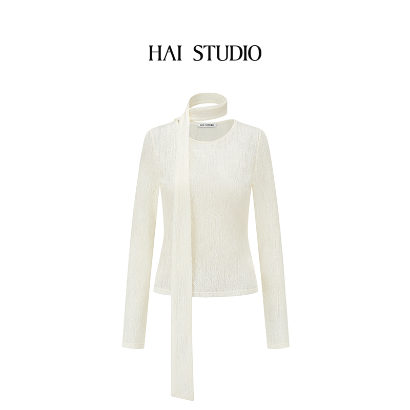 女羊毛提花上衣可拆卸领巾针织衫