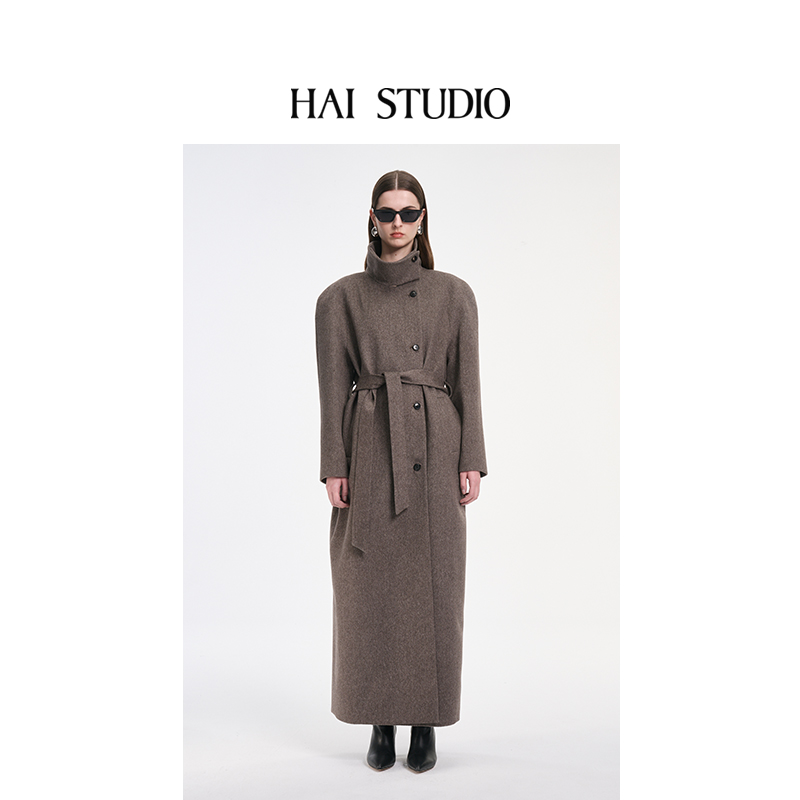 HAI STUDIO秋冬 女士立领长款大衣羊毛呢大衣外套