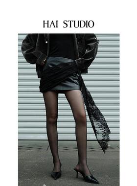 HAI STUDIO春夏女黑色环保皮拼蕾丝短裙半裙 飘带包臀裙半身裙子