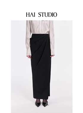 HAI STUDIO秋冬 女士黑色立裁半裙 直筒修身半身裙长裙