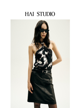 HAI STUDIO 2025春夏女士印花挂脖上衣 修身露背吊带衫挂脖抹胸