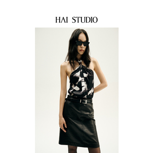 露背吊带衫 HAI 修身 2025春夏女士印花挂脖上衣 挂脖抹胸 STUDIO