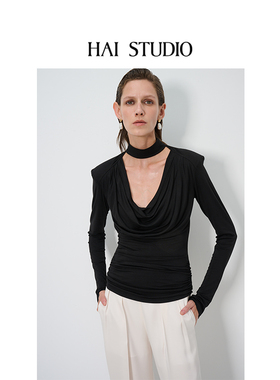 HAI STUDIO春夏女士黑色荡领针织上衣 长袖堆堆领优雅修身针织衫
