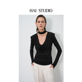 针织衫 HAI 堆堆领优雅修身 长袖 STUDIO春夏女士黑色荡领针织上衣