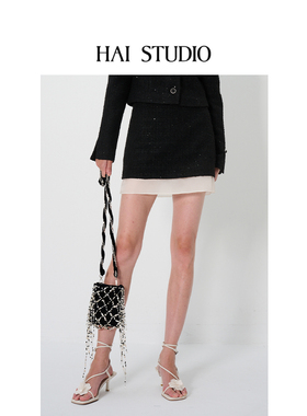 HAI STUDIO春夏女粗花呢拼纱短裙 优雅拼接撞色设计感半身裙半裙