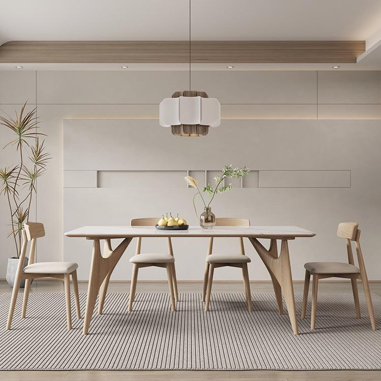 奶油风实木岩板餐桌实木腿白蜡木原木色日式现代简约长方形饭桌椅