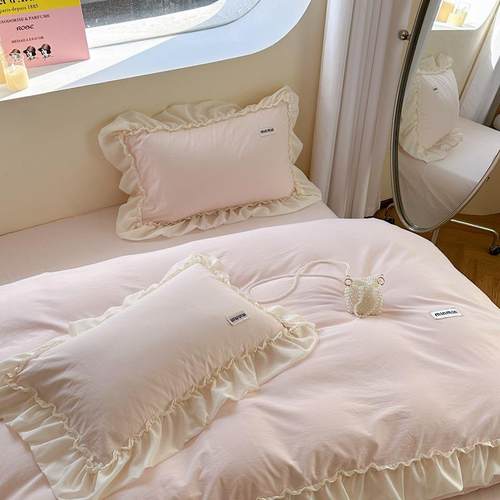韩式花边全棉水洗棉四件套床上用品床单纯色被套夏季四件套纯棉