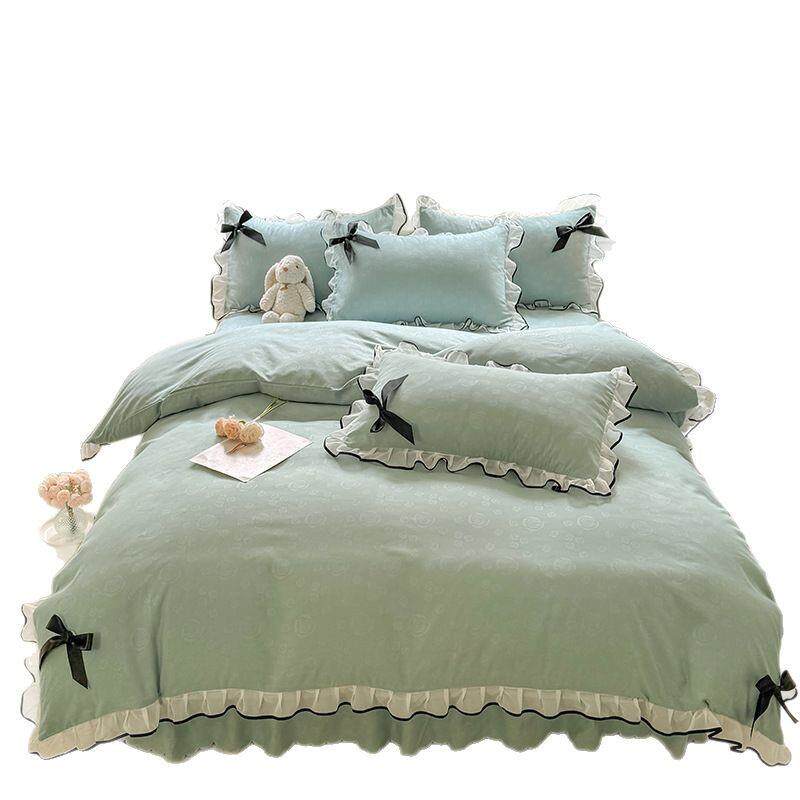 新款韩版亲肤磨毛四件套花边蝴蝶结公主风浪漫蕾丝花边被套