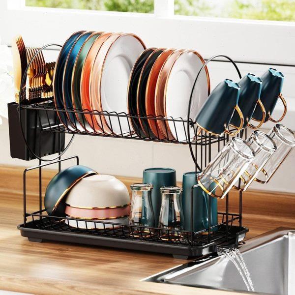 简约北欧风碗碟盘沥水架厨房碗池双层碗架收纳架现货dishrack