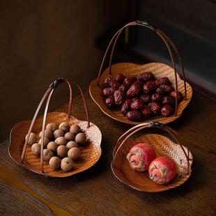 茶点盘精致轻奢中式禅意茶店茶室小吃点心碟高脚果盘手提竹编果篮