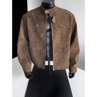 小众高街机车皮外套高级棕色皮衣美式复古立领夹克扎染设计皮外套