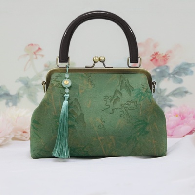 中式复古实木手提单肩斜挎流苏包