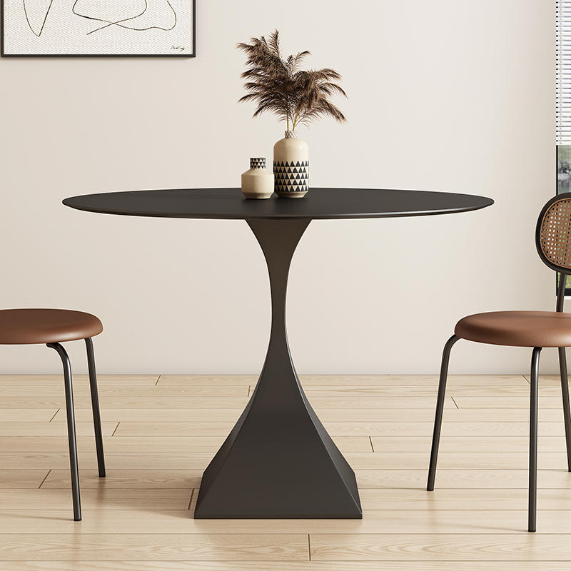 德利丰岩板餐桌圆形意式极简圆桌轻奢黑色家用小户型现代简约饭桌