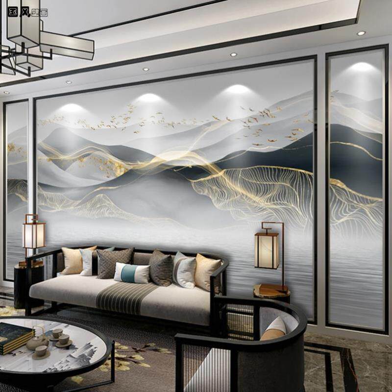 新中式电视背景墙墙纸客厅墙布抽象壁纸写意线条山水墨画大气壁画