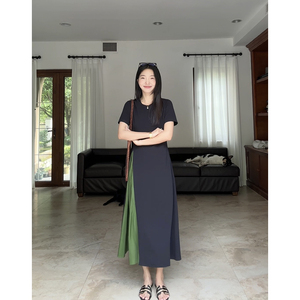 郭九九呢法式气质通勤设计感撞色拼接褶皱显瘦夏