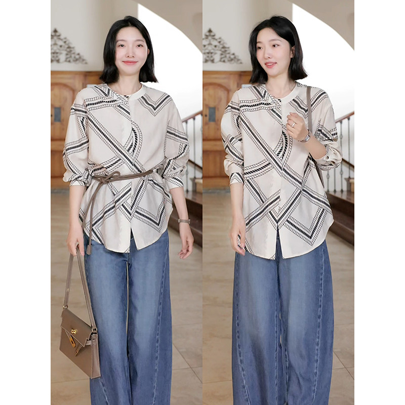 郭九九呢亚麻慵懒老钱感气质宽松显瘦衬衫新款百搭阔腿牛仔裤女