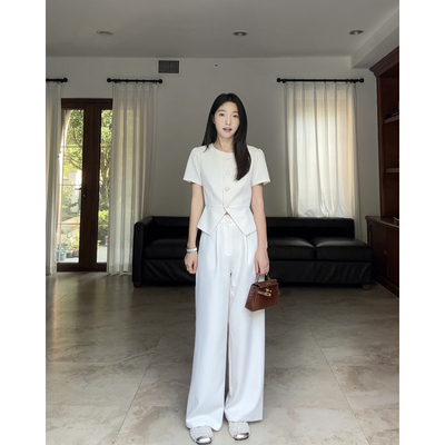 郭九九呢时尚百搭显瘦暗纹西裤长裤女夏季气质简约包扣西装上衣