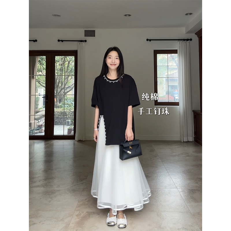 郭九九呢气质温柔纯棉手工钉珠宽松圆领T恤女夏季百搭网纱裙半裙