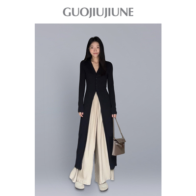 郭九九呢显瘦气质百搭针织开衫2024新款亚麻垂感松紧腰阔腿裤裙