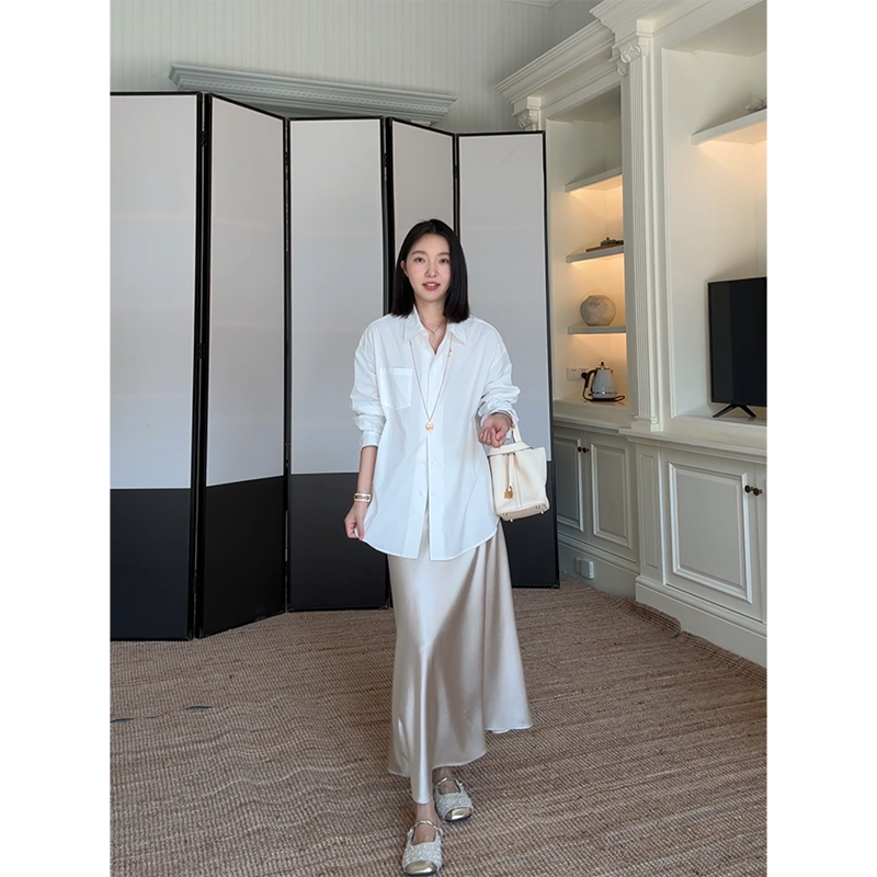 郭九九呢100%棉简约百搭宽松显瘦衬衫秋季新款上衣缎面鱼尾半身裙,女装/女士精品,时尚套装,淘宝优惠券,粉丝福利购,淘宝优惠卷