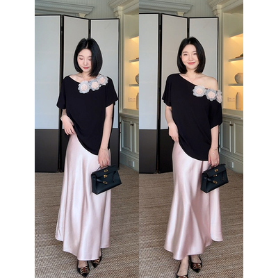 郭九九呢气质一字肩立体花朵宽松上衣夏季显瘦缎面鱼尾半身裙