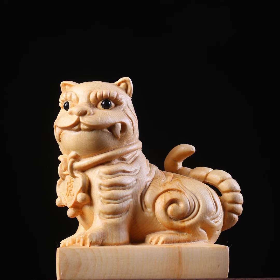 包邮崖柏黄杨木雕虎爷威武虎将军守护神木质雕刻下坛元帅神像供奉