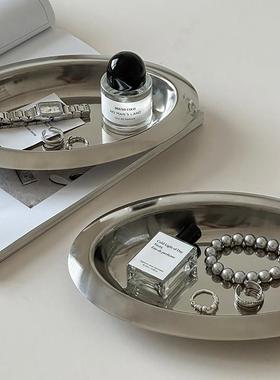 中古不锈钢椭圆托盘装饰摆件桌面收纳盒香薰托盘玄关杂物收纳道具