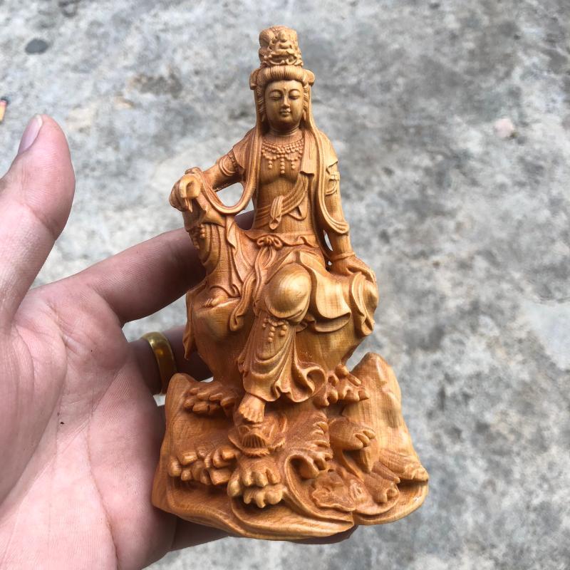 崖柏黄杨木雕实木摆件自在观音工艺品人物佛像装饰家居客厅车摆件