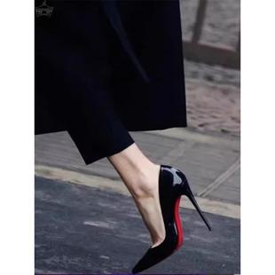 尖头高级感裸色漆皮单鞋 女浅口黑色性感细跟2024新款 红色底高跟鞋