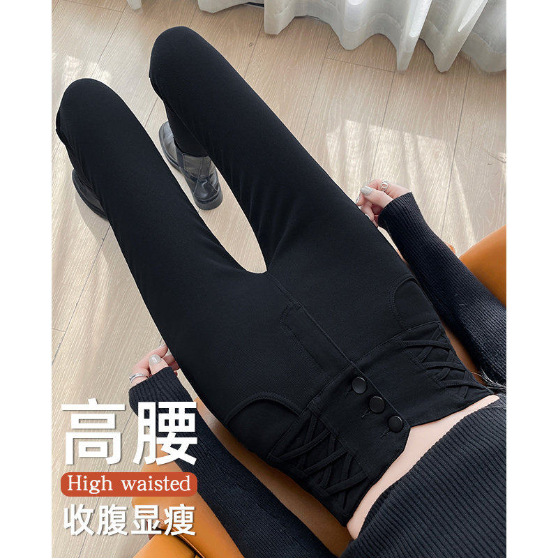 高腰小黑裤女2026新款秋冬款加绒小脚裤弹力铅笔黑色外穿打底裤子