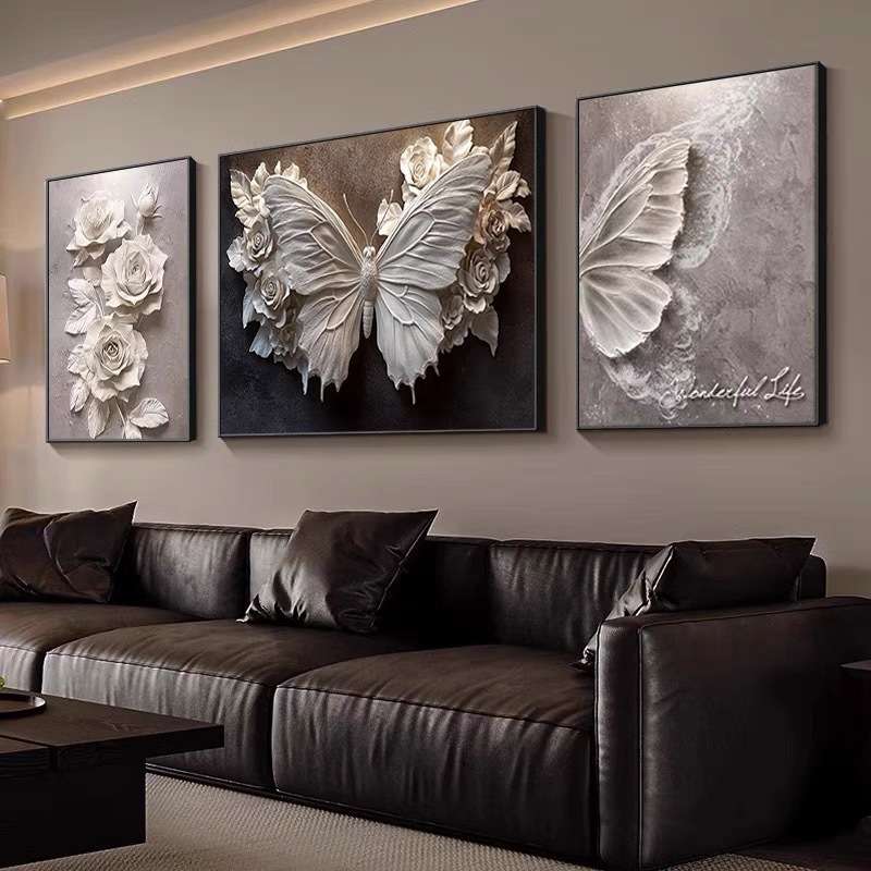 蝴蝶黑白艺术客厅装饰画三联画沙发背景墙侘寂风挂画高级立体壁画图片