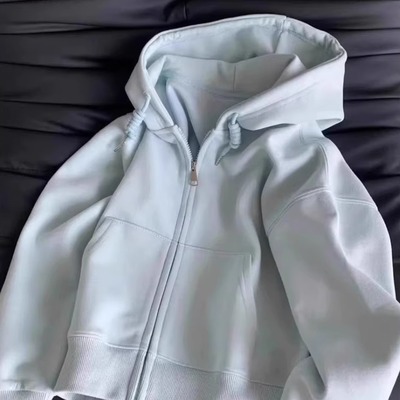 超显白奶里奶气韩系穿搭短款卫衣外套女连帽卫衣薄款拉链开衫外穿