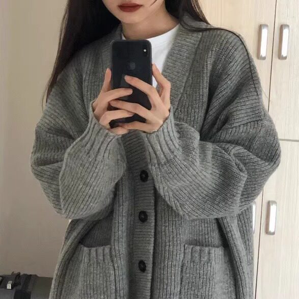 韩版穿搭小香风针织毛衣女秋冬季新款外搭宽松慵懒感领开衫外套潮