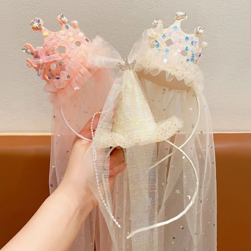 公主皇冠头纱发箍儿童生日派对发卡超仙亮片镶钻女孩头饰拍照氛围