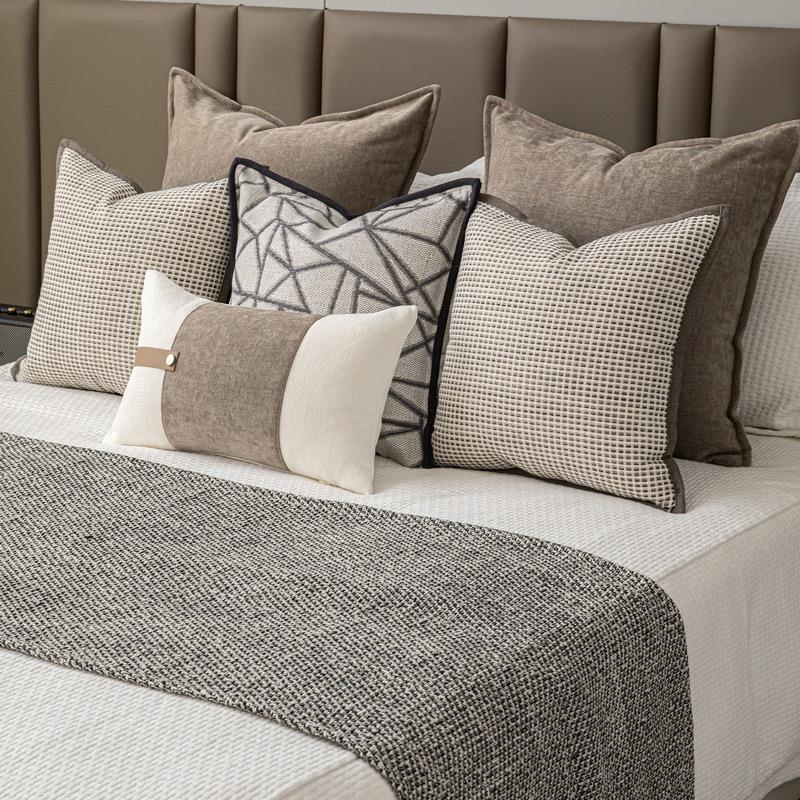 新中式卧室软装床品套件米咖色棉麻搭毯床尾巾床头靠枕民宿