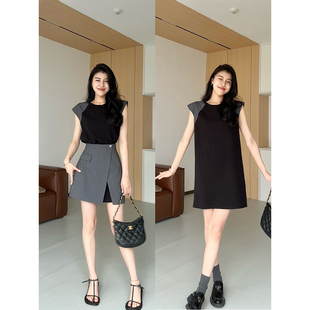 张阿星【圣马洛日记】2024新款小飞袖撞色长恤裙+一片式收腰半裙