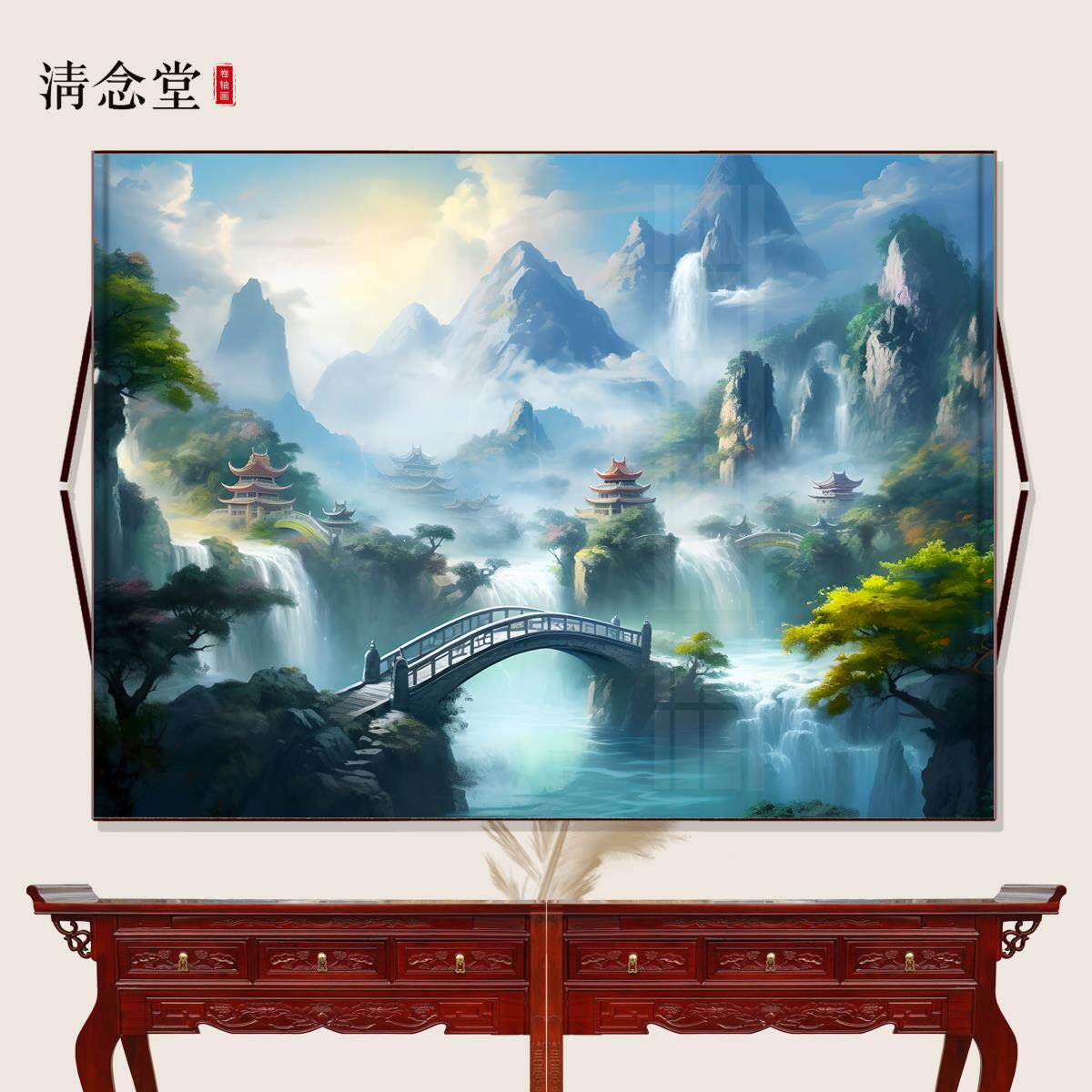 横幅仙家堂口山水风景画流水生财小桥亭子无活物暗堂供奉挂画堂单
