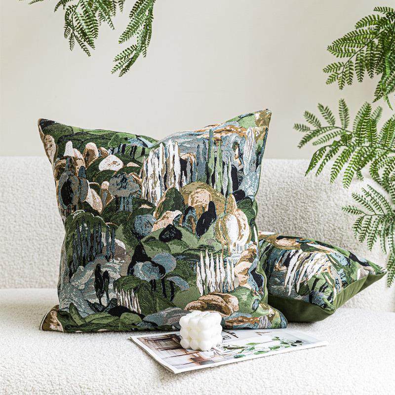 绿色法式抽象山水复古靠垫新中式轻奢客厅沙发靠枕样板间高端抱枕