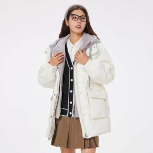 冬上新！S~2XL码 美帮家女款冬季假两件连帽拼接中长款羽绒服外套