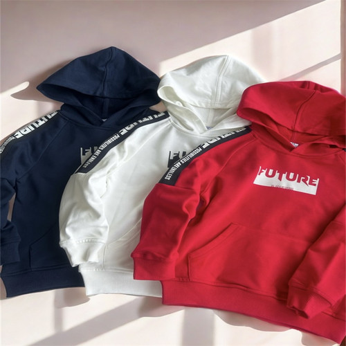 换季清110-160码儿童卫衣男童春秋连帽字母印花毛圈卫衣中大童