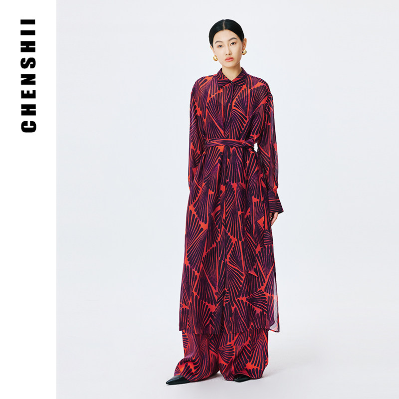 CHENSHII官方 2026春夏新款设计感时尚衬衫式长款桑蚕丝连衣裙女