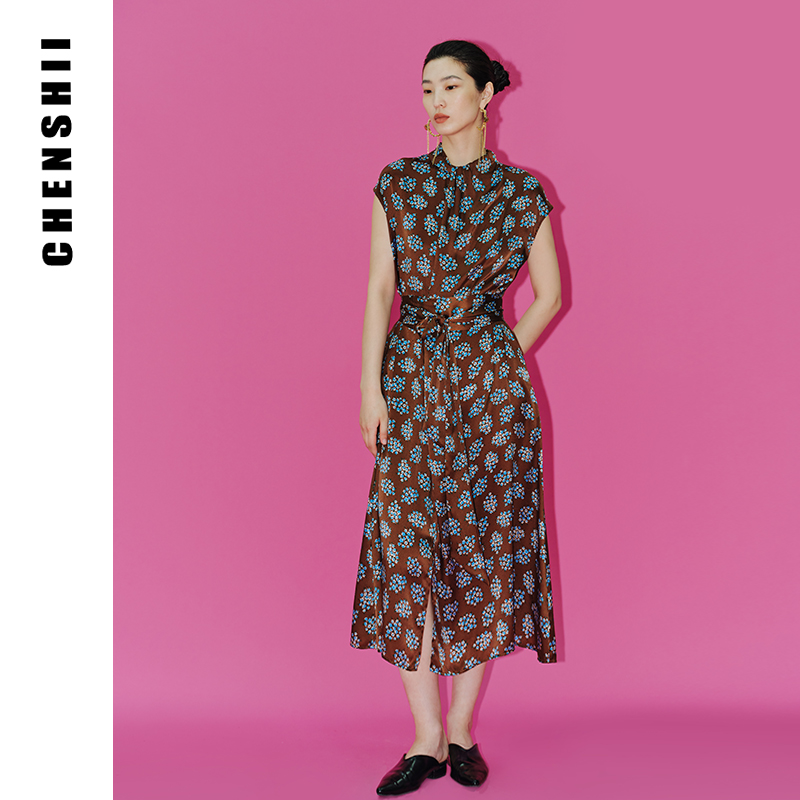 CHENSHII官方真丝印花无袖新中式旗袍连衣裙女2025新款气质长裙